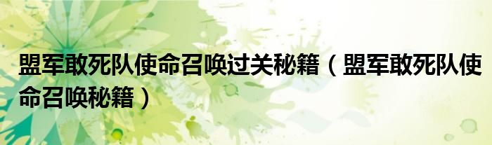 盟军敢死队使命召唤过关秘籍（盟军敢死队使命召唤秘籍）