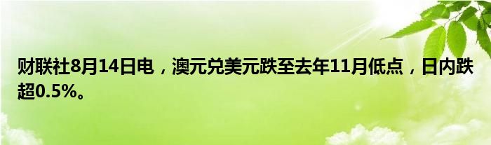 财联社8月14日电，澳元兑美元跌至去年11月低点，日内跌超0.5%。