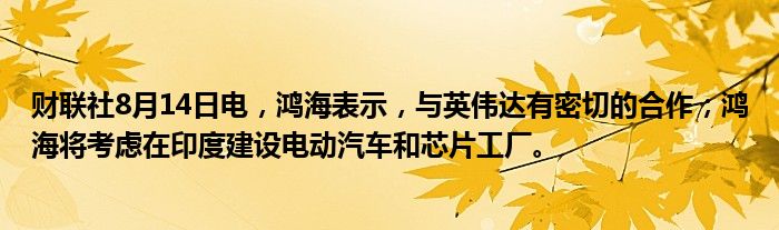 财联社8月14日电，鸿海表示，与英伟达有密切的合作；鸿海将考虑在印度建设电动汽车和芯片工厂。