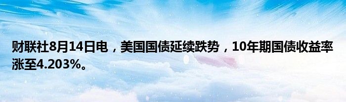 财联社8月14日电，美国国债延续跌势，10年期国债收益率涨至4.203%。