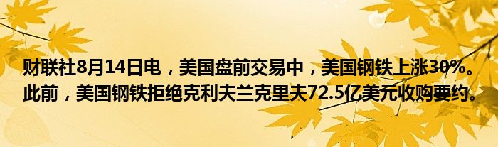 财联社8月14日电，美国盘前交易中，美国钢铁上涨30%。此前，美国钢铁拒绝克利夫兰克里夫72.5亿美元收购要约。