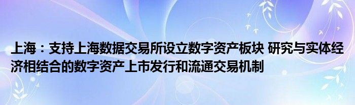 上海：支持上海数据交易所设立数字资产板块 研究与实体经济相结合的数字资产上市发行和流通交易机制