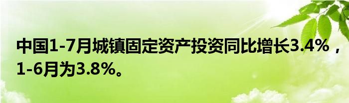 中国1-7月城镇固定资产投资同比增长3.4%，1-6月为3.8%。