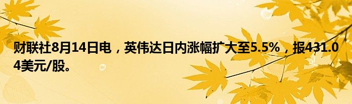 财联社8月14日电，英伟达日内涨幅扩大至5.5%，报431.04美元/股。