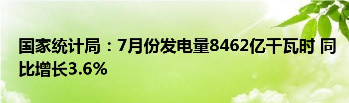 国家统计局：7月份发电量8462亿千瓦时 同比增长3.6%