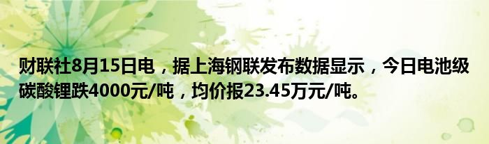 财联社8月15日电，据上海钢联发布数据显示，今日电池级碳酸锂跌4000元/吨，均价报23.45万元/吨。