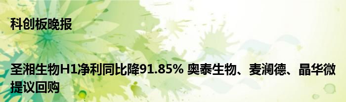 科创板晚报|圣湘生物H1净利同比降91.85% 奥泰生物、麦澜德、晶华微提议回购