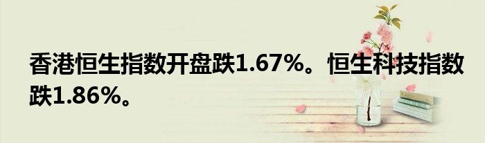 香港恒生指数开盘跌1.67%。恒生科技指数跌1.86%。