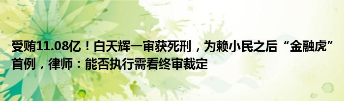 受贿11.08亿！白天辉一审获死刑，为赖小民之后“
虎”首例，律师：能否执行需看终审裁定