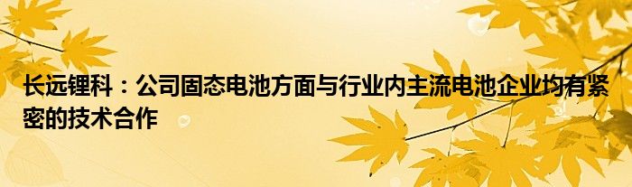 长远锂科：公司固态电池方面与行业内主流电池企业均有紧密的技术合作