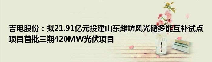 吉电股份：拟21.91亿元投建山东潍坊风光储多能互补试点项目首批三期420MW光伏项目