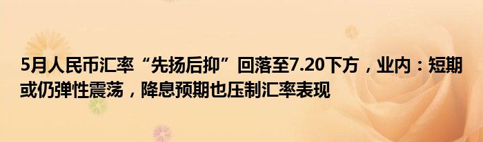 5月人民币汇率“先扬后抑”回落至7.20下方，业内：短期或仍弹性震荡，降息预期也压制汇率表现