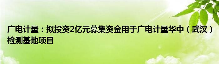 广电计量：拟投资2亿元募集资金用于广电计量华中（武汉）检测基地项目