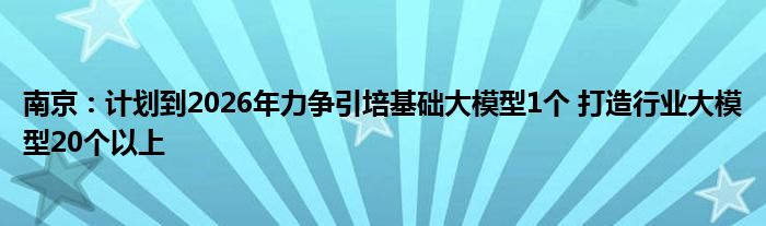 南京：计划到2026年力争引培基础大模型1个 打造行业大模型20个以上