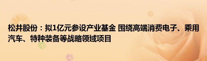 松井股份：拟1亿元参设产业基金 围绕高端消费电子、乘用汽车、特种装备等战略领域项目