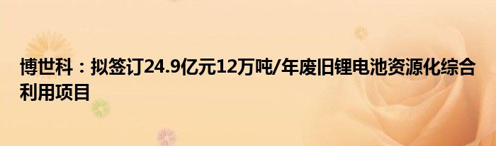 博世科：拟签订24.9亿元12万吨/年废旧锂电池资源化综合利用项目