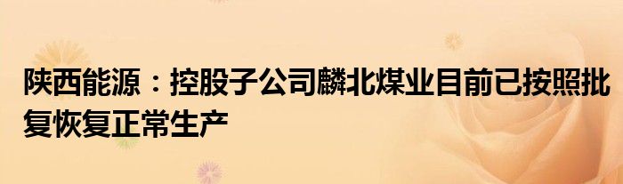 陕西能源：控股子公司麟北煤业目前已按照批复恢复正常生产