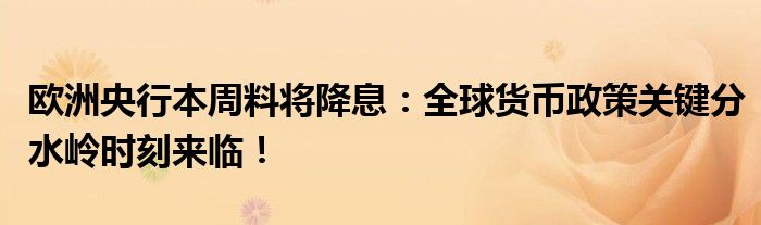 欧洲央行本周料将降息：全球货币政策关键分水岭时刻来临！