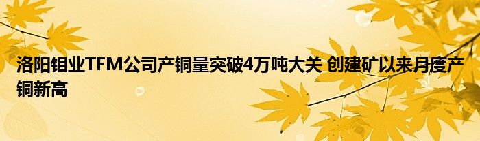 洛阳钼业TFM公司产铜量突破4万吨大关 创建矿以来月度产铜新高