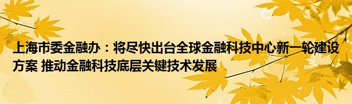 上海市委
办：将尽快出台全球
科技中心新一轮建设方案 推动
科技底层关键技术发展