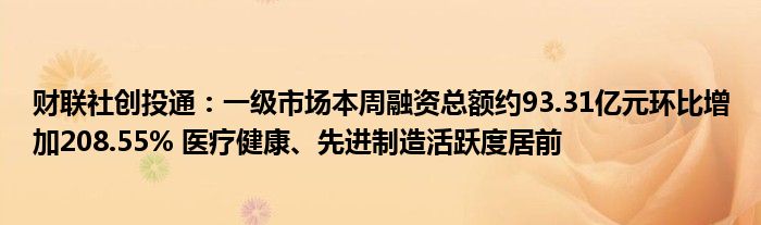 财联社创投通：一级市场本周融资总额约93.31亿元环比增加208.55% 医疗健康、先进制造活跃度居前