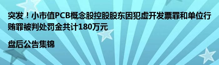 突发！小市值PCB概念股控股股东因犯虚开发票罪和单位行贿罪被判处罚金共计180万元|盘后公告集锦