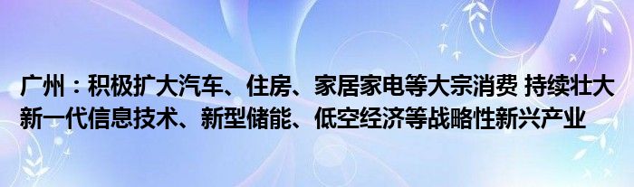 广州：积极扩大汽车、住房、家居家电等大宗消费 持续壮大新一代信息技术、新型储能、低空经济等战略性新兴产业