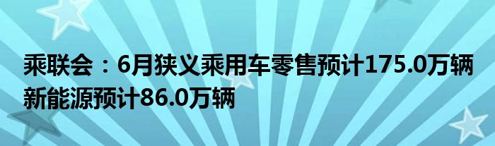 乘联会：6月狭义乘用车零售预计175.0万辆 新能源预计86.0万辆