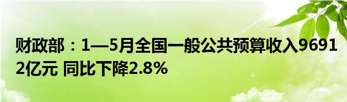 财政部：1—5月全国一般公共预算收入96912亿元 同比下降2.8%