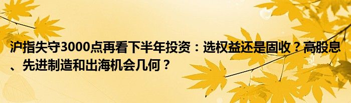 沪指失守3000点再看下半年投资：选权益还是固收？高股息、先进制造和出海机会几何？