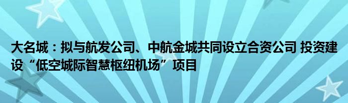 大名城：拟与航发公司、中航金城共同设立合资公司 投资建设“低空城际智慧枢纽机场”项目