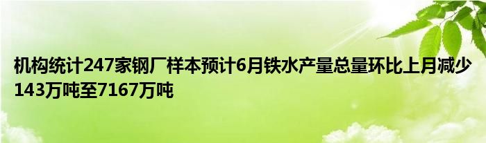 机构统计247家钢厂样本预计6月铁水产量总量环比上月减少143万吨至7167万吨