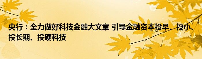 央行：全力做好科技
大文章 引导
资本投早、投小、投长期、投硬科技