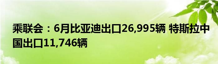 乘联会：6月比亚迪出口26,995辆 特斯拉中国出口11,746辆