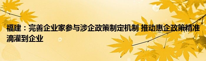 福建：完善企业家参与涉企政策制定机制 推动惠企政策精准滴灌到企业