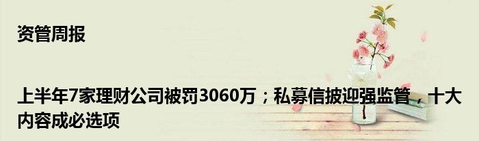 资管周报|上半年7家理财公司被罚3060万；私募信披迎强监管，十大内容成必选项