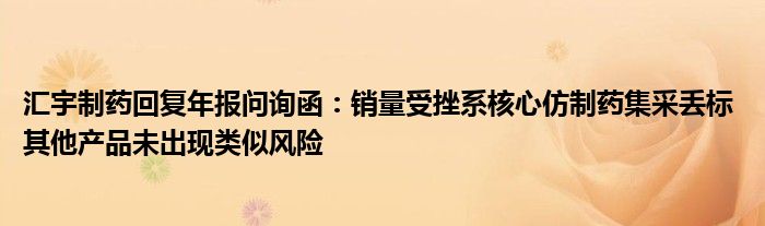 汇宇制药回复年报问询函：销量受挫系核心仿制药集采丢标 其他产品未出现类似风险