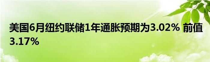 美国6月纽约联储1年通胀预期为3.02% 前值3.17%