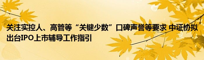 关注实控人、高管等“关键少数”口碑声誉等要求 中证协拟出台IPO上市辅导工作指引