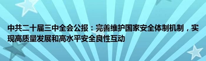 中共二十届三中全会公报：完善维护国家安全体制机制，实现高质量发展和高水平安全良性互动