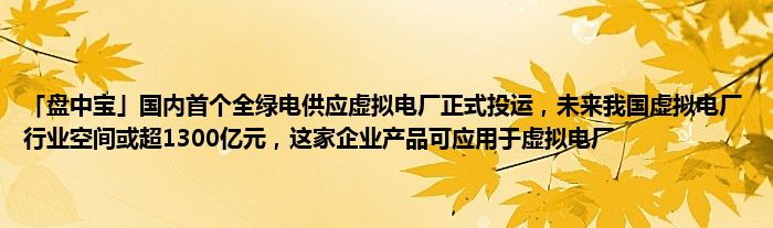 「盘中宝」国内首个全绿电供应虚拟电厂正式投运，未来我国虚拟电厂行业空间或超1300亿元，这家企业产品可应用于虚拟电厂