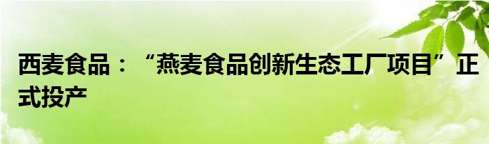 西麦食品：“燕麦食品创新生态工厂项目”正式投产