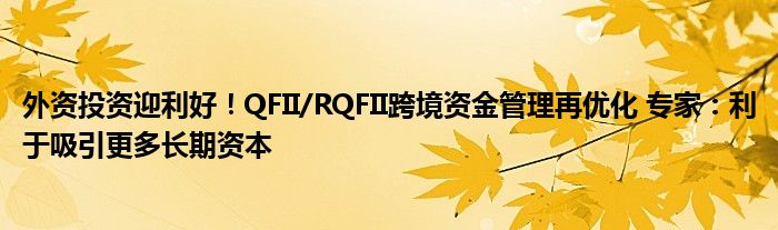 外资投资迎利好！QFII/RQFII跨境资金管理再优化 专家：利于吸引更多长期资本