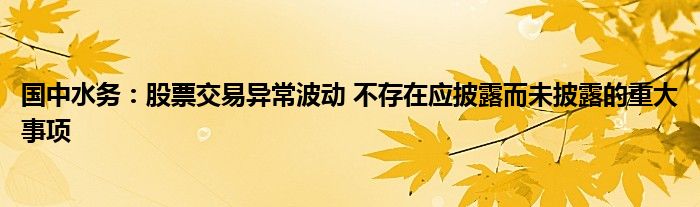 国中水务：股票交易异常波动 不存在应披露而未披露的重大事项