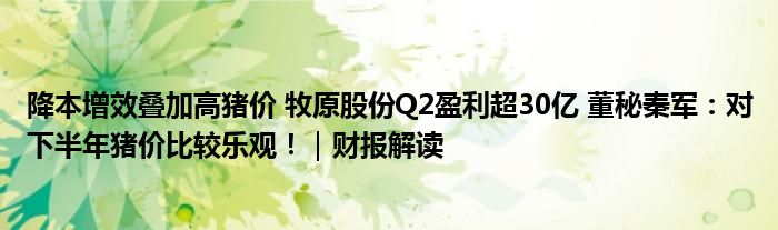 降本增效叠加高猪价 牧原股份Q2盈利超30亿 董秘秦军：对下半年猪价比较乐观！｜财报解读