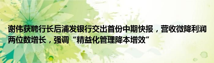 谢伟获聘行长后浦发银行交出首份中期快报，营收微降利润两位数增长，强调“精益化管理降本增效”