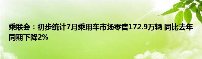 乘联会：初步统计7月乘用车市场零售172.9万辆 同比去年同期下降2%