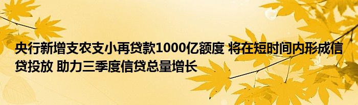 央行新增支农支小再贷款1000亿额度 将在短时间内形成信贷投放 助力三季度信贷总量增长