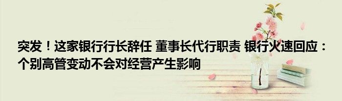 突发！这家银行行长辞任 董事长代行职责 银行火速回应：个别高管变动不会对经营产生影响