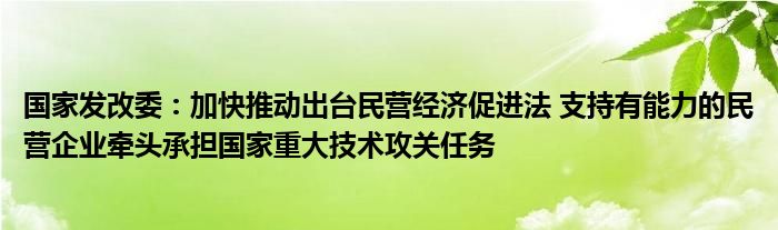 国家发改委：加快推动出台民营经济促进法 支持有能力的民营企业牵头承担国家重大技术攻关任务